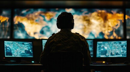Military analyst monitoring global operations center  
