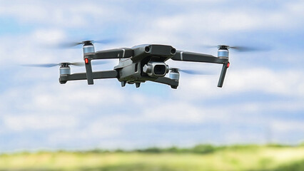 Drone with a camera flies against the background of trees and sky