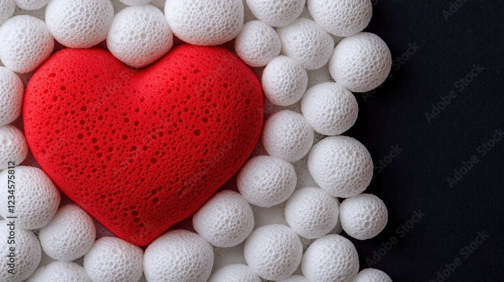 Poster a vibrant red sponge heart surrounded by white spherical objects, creating a striking and playful co