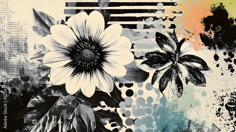 Poster Striking monochrome floral with a blend of brush strokes ink splatters and a textured grunge inspired backdrop creating a visually compelling and modern design