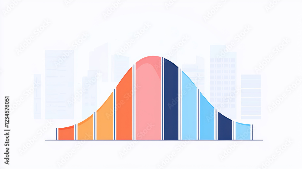 Poster a colorful data visualization displays a bell curve on a background of abstract city silhouettes, re