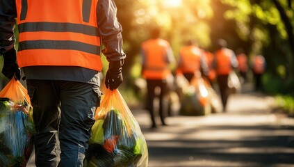 Cleanup crew collecting trash in a sunny park  
