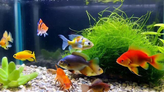 Colorful Aquarium with Tropical Fish and Aquatic Plants for Tranquility and Pet Care Concepts







