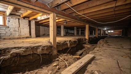 Crawl space with soil erosion and wooden supports indicating structural damage.
