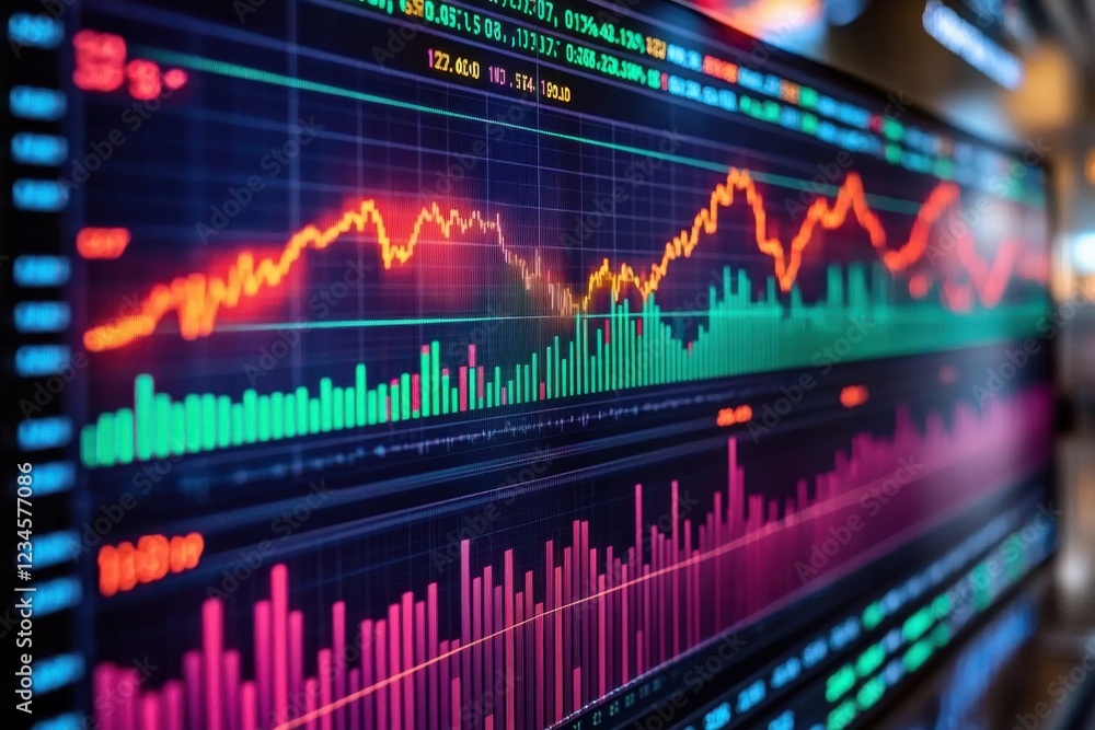 Poster stock market performance overview showcasing fluctuating trends and trading activity with digital in