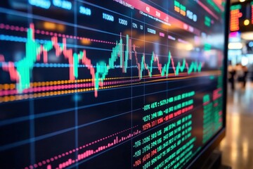 Digital stock market display showcasing fluctuating financial data in a busy trading environment