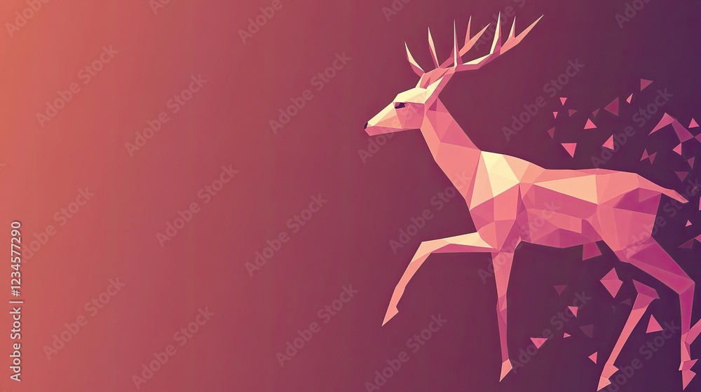 Poster low-poly deer in motion, dissolving into geometric shapes against a gradient background.