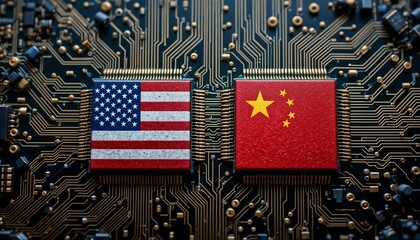 Two computer chips with the flags of the United States and China on them, placed on a circuit board, conflict between china and USA created with generative ai