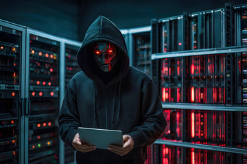 Suspect black AI robot standing in data center server modern office working room in concept of cyber security hacking risk and privacy leak in cloud computing technology solution