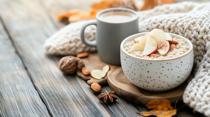 cozy breakfast nook with oatmeal topped with apples, cinnamon, and almonds