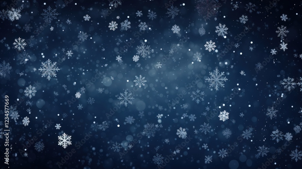 Poster falling snowflakes creating a chaotic scene against a dark blue background with a mysterious winter 