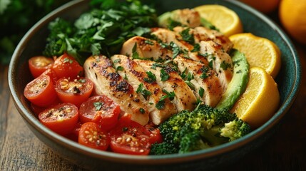 Healthy chicken bowl with avocado, lemon, tomatoes, and broccoli