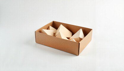 Paper pyramids in a cardboard box on white background with copy space