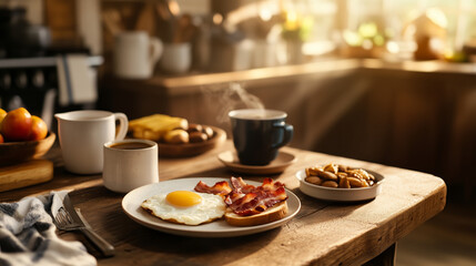 rustic breakfast setting with eggs, bacon, coffee, and fruits