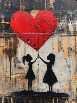 Naklejki Two girls holding a large red heart balloon in urban street art expressing love and friendship in a vibrant city setting