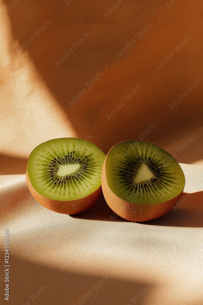 Poster freshly sliced kiwi halves resting on a textured beige surface illuminated by soft natural light dur