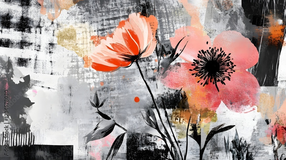 Poster vibrant and colorful abstract painting featuring a botanical floral design with blooming petals in a
