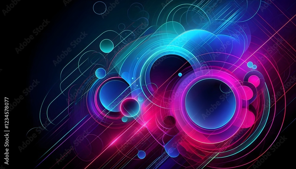 Poster A futuristic geometric background featuring overlapping circles and intersecting lines with a glowing neon gradient. 