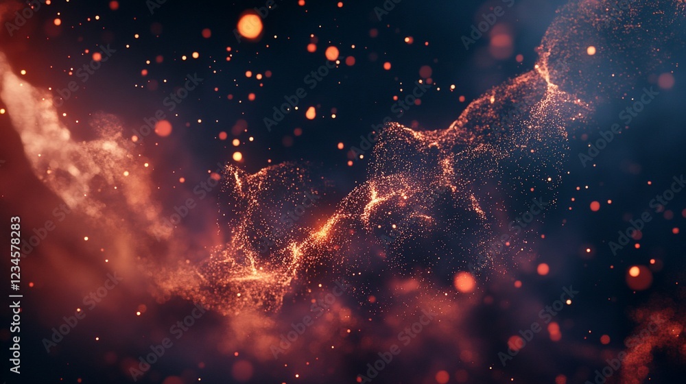Poster abstract dynamic particles with bokeh effect forming a wave like structure