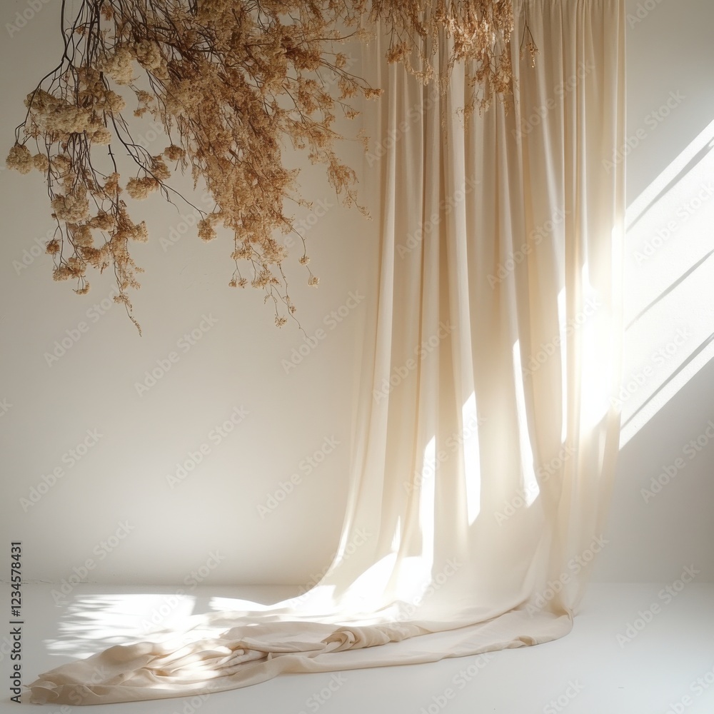 Aufkleber soft, flowing fabric drapes with sunlight filtering through, creating a serene atmosphere in a minim