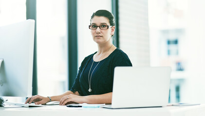 Woman, computer and reporter portrait in office, professional journalist at news agency. Female...