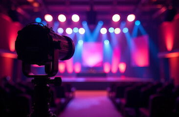 Lighting used for events. In the background, a blurred stage with decorative elements suitable for events, such as backdrops and banners. 