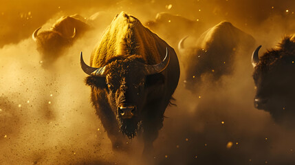 Majestic bison herd thunders through dust-covered plains at sunset