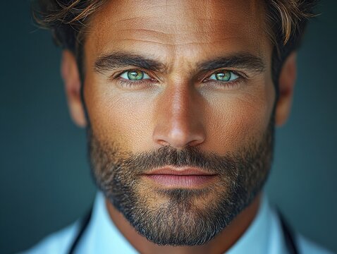 Handsome man with striking green eyes and well-groomed beard dressed in a formal outfit in a neutral background