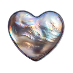 A heart-shaped object with iridescent colors and a smooth surface, showcasing a unique blend of shimmering reflections.