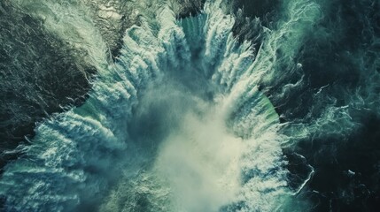 Aerial view of powerful waterfall plunging into pool, mist rising, nature background, travel imagery