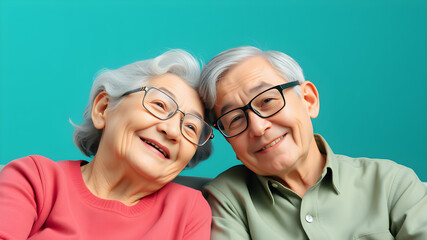 old couple with glasses, sitting close together, smiling, 3d. Generative AI