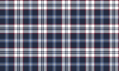 Seamless plaid pattern, blue, white, red, is a pattern suitable for designing clothes such as skirts and pants. It features a classic color combination, vector illustration.