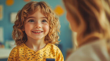 Pediatrician checks happy child, caring doctor clinic visit wellness. Friendly exam stethoscope checkup healthy kid family doctor medical care.