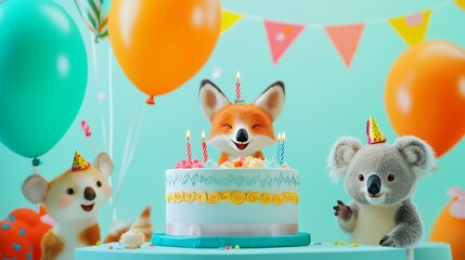 A cheerful birthday bash with a sparkling cake, bright balloons, and animals like a fox and a koala sharing in the excitement of the day. 
