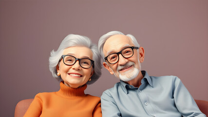 old couple with glasses, sitting close together, smiling, 3d. Generative AI