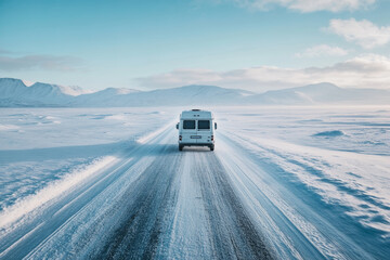 Camper van journeys through endless icy landscape in the Arctic Circle