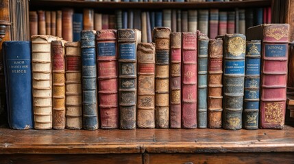 Antique books lined on shelf, library background, scholarly research
