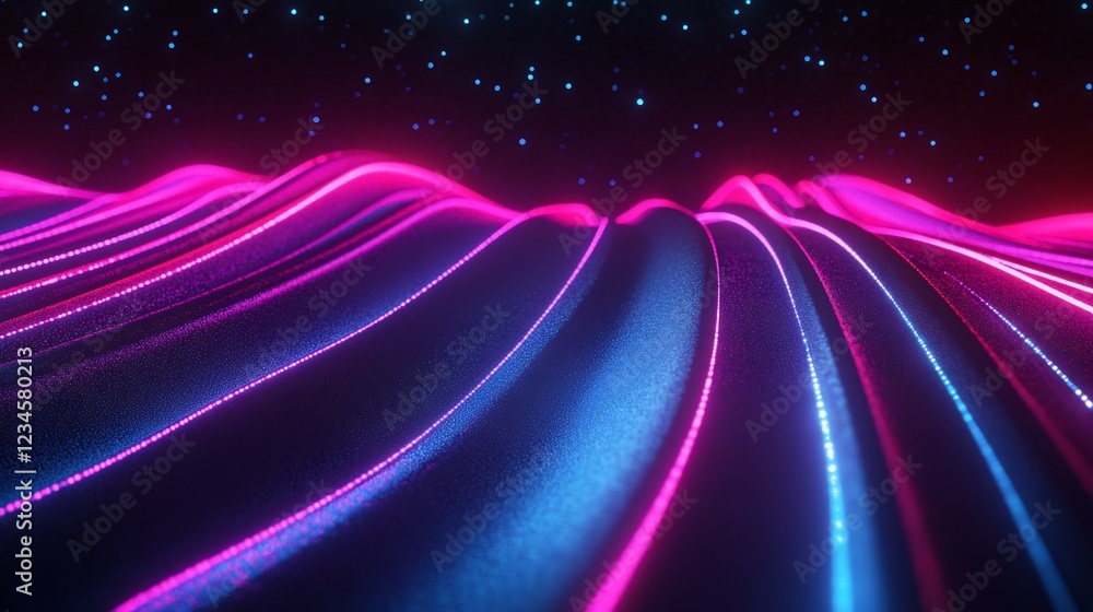 Poster abstract neon glowing lines flowing over a dark surface with starry background