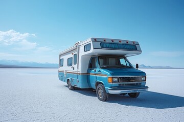 Sleek camper van parked on a vast salt flat under a clear blue sky