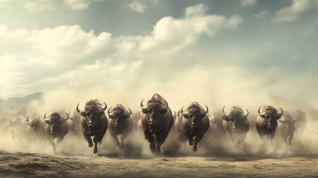 Herd of buffalo stampeding through dusty plain under cloudy sky