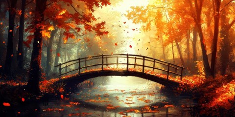 Fototapeta premium A tranquil autumn bridge crossing a gentle stream, surrounded by trees glowing in warm red and orange hues. Fallen leaves float quietly on the water, creating a textured and serene view. The 