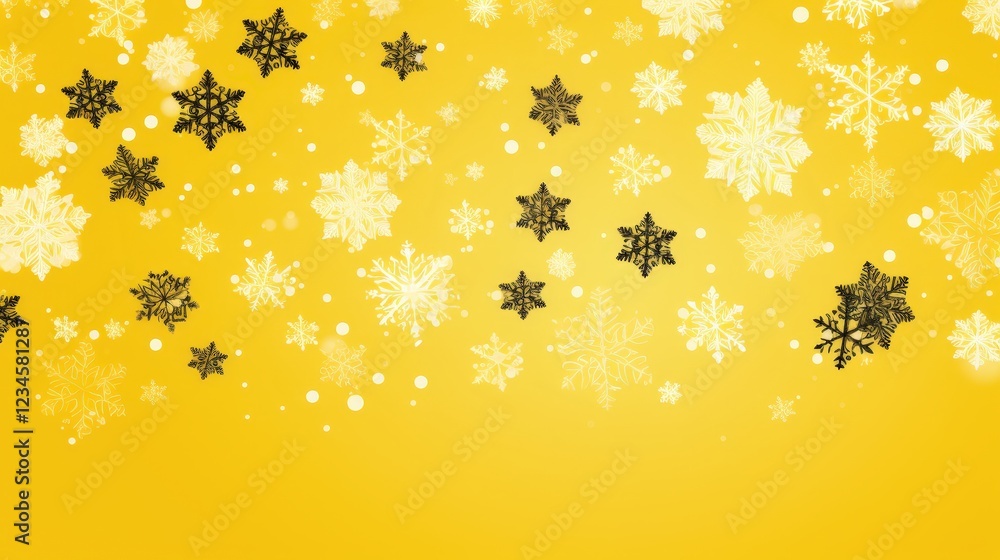 Poster falling snowflakes on a vibrant yellow background creating a chaotic yet beautiful winter scene for 