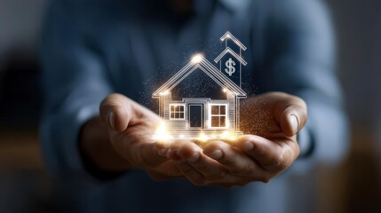 Hands Holding a Glowing House Icon with Dollar Sign, Symbolizing Real Estate Investment and Property Value