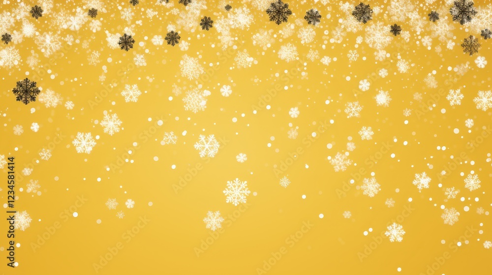 Poster snowflakes falling on a yellow background creating a whimsical sense of chaos for festive and charmi