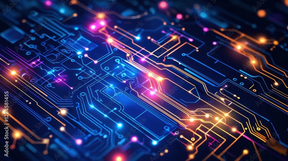 Poster abstract circuit board design with vibrant glowing lights and patterns