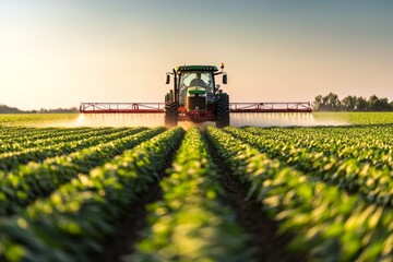 Tractor sprays pesticides in a soybean field during spring cultivation