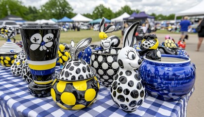 Colorful Handcrafted Ceramics on Display at Outdoor Market