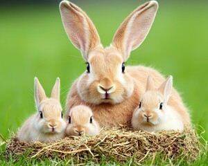 Obraz premium Adorable Family of Rabbits Nestled Together in a Green Meadow