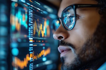 Professional analyzing financial data trends on computer screen in a modern office setting during evening hours