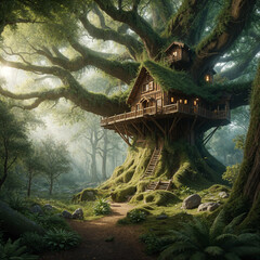 Fototapeta premium A treehouse nestled in the branches of a giant oak